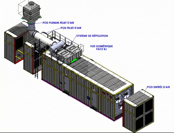 Maquette 3D en coupe d'un container montrant l'implantation des réseaux